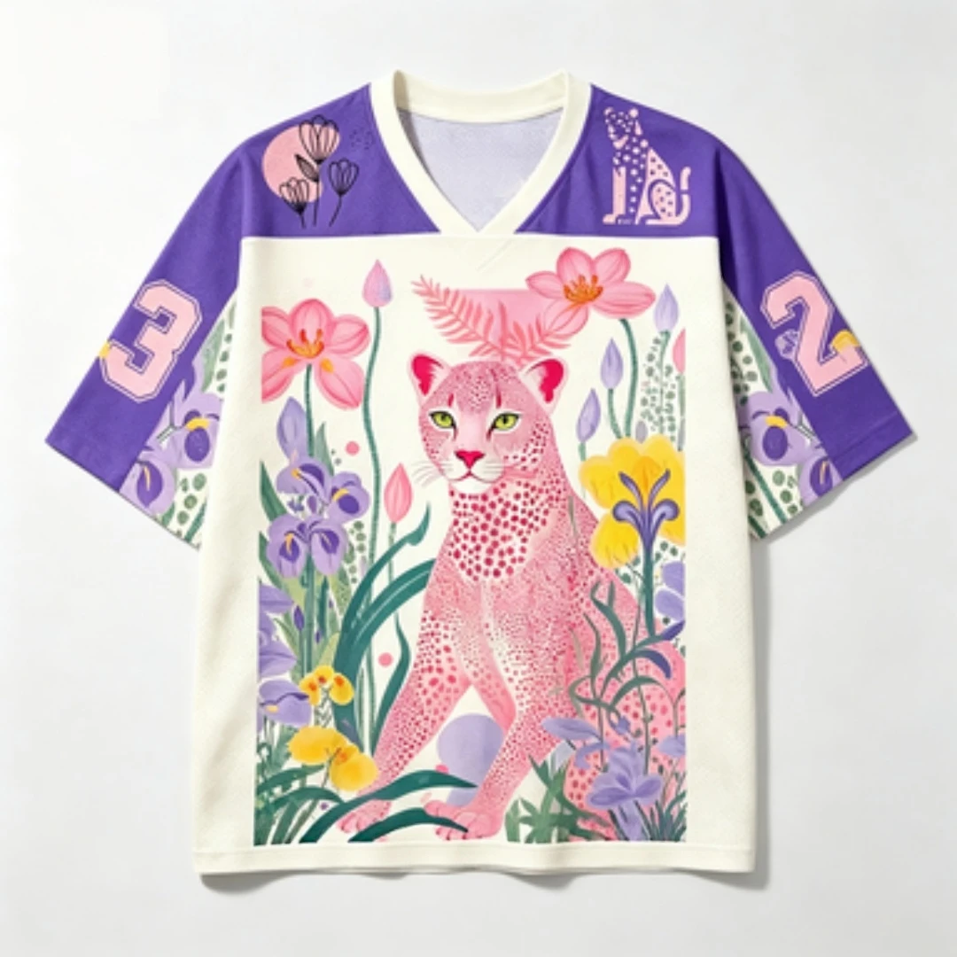 3D Printed Pink Leopard Print Floral V-neck Purple Block Mesh Loose Sports Summer Street Style Top T-shirt