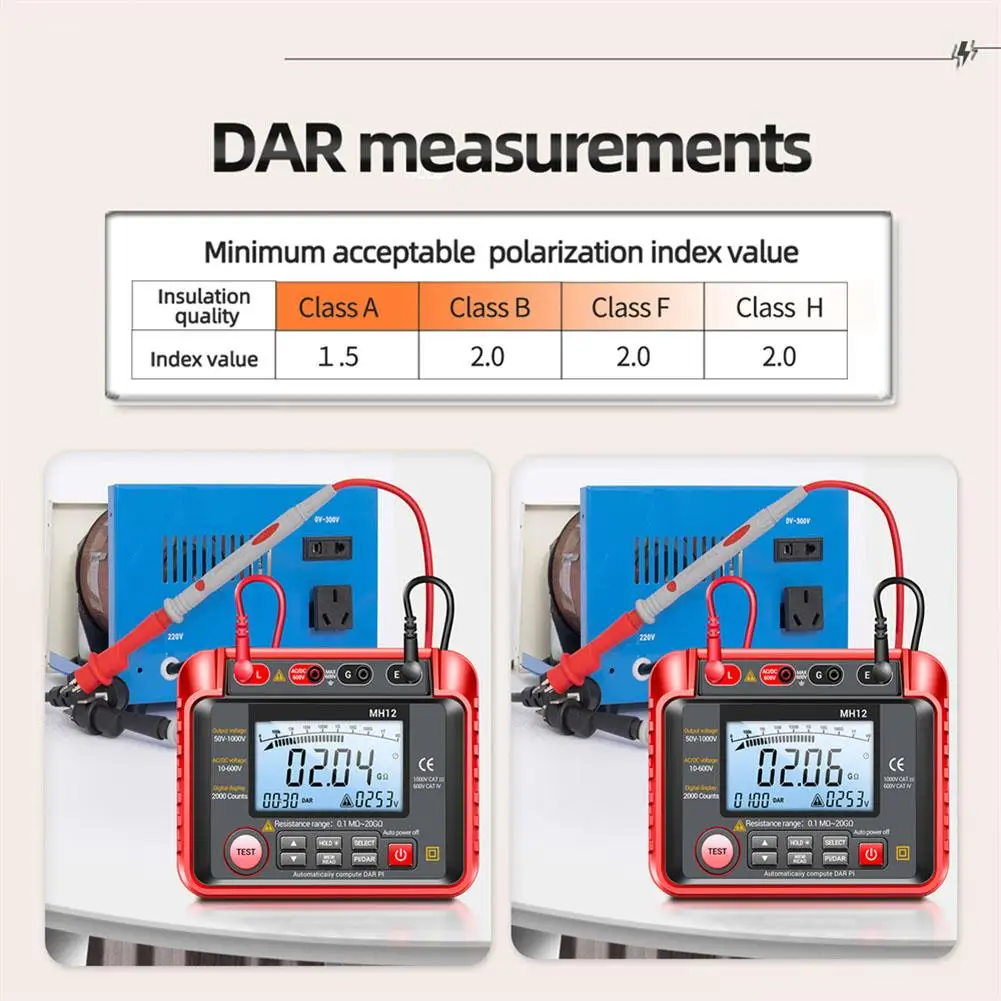 

MH12 digital insulation resistance tester with 0 1 ohm to 10 ohm range and AC DC voltage measurement to 600 volts