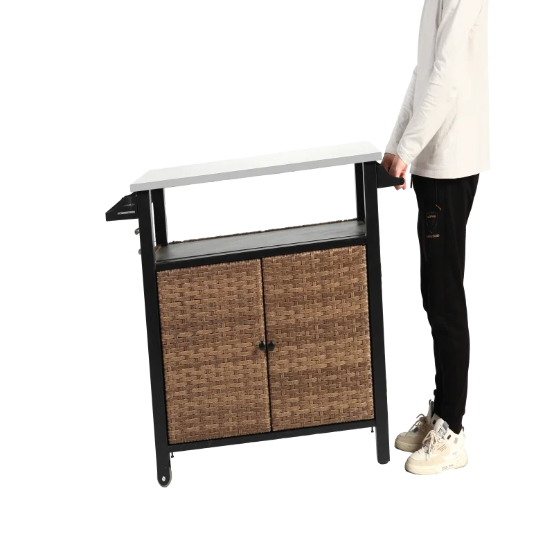 Outdoor Kitchen Wicker Island Rolling Cart & Storage Cabinet, Wheels and Stainless Steel Extended Table Top, Side Handle for Pat