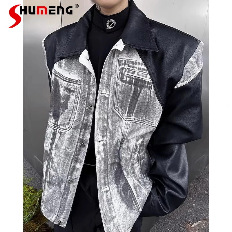 

Men's 2025 Autumn New American Style Street Retro Splicing Hand-painted Denim PU Leather Padded Shoulder Jacket Coat Trendy Tops
