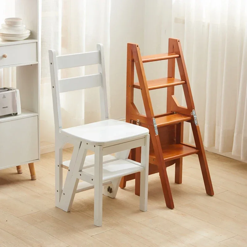 Indoor Climbing High Stool Solid Wood Ladder Chair Multi-Function Step Stool Flip Folding Design Stable for Kitchen