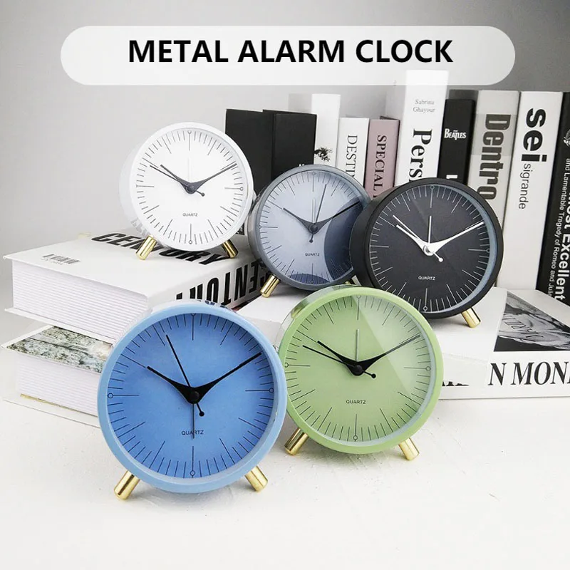 Desk Alarm Clock Bedside Quartz Clock with Legs Round Shape Metal Shell Silent Clocking Sweep Second Simple Design