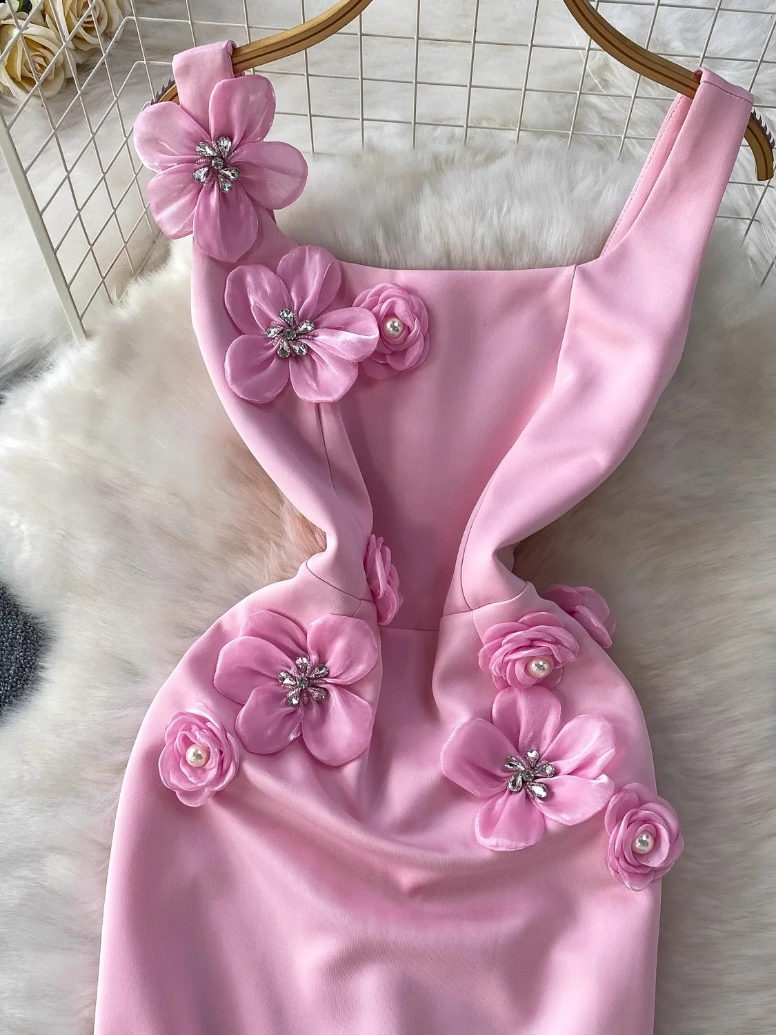 Abito da festa con perline da donna primavera estate elegante colletto quadrato fiore 3D vita alta maxi abiti femminili abito rosso/rosa/bianco