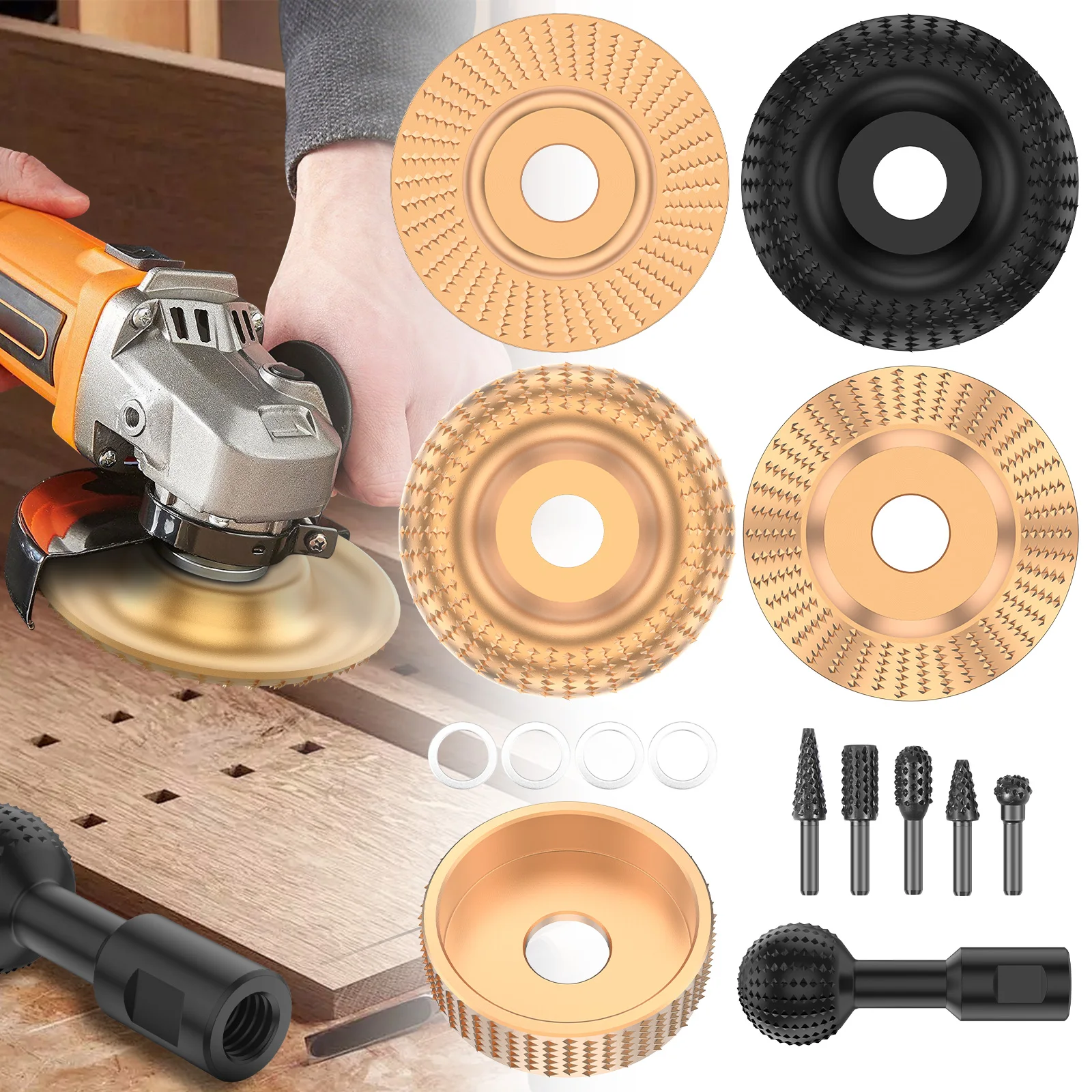 

Woodworking Carving Wheel Sanding Disc with Rotary Burr 5/8-11" Wood Sanding Ball Polishing Disc Set for 4-4.5" Angle Grinder
