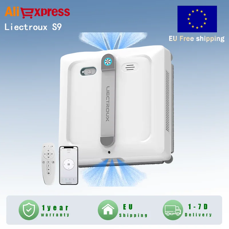 LIECTROUX S9 Robot de nettoyage de vitres 9000Pa puissance aspiration nettoyeur de vitres à distance pour le bureau à domicile Robot de nettoyage d'arrosage automatique