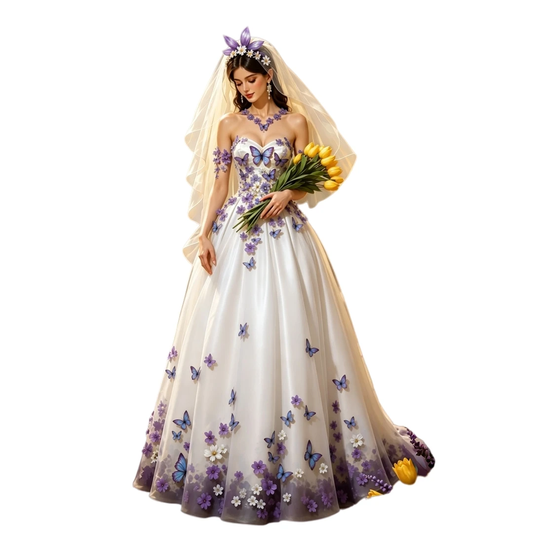 Purple 3D Butterfly Wedding Dress Strapless Off Shoulder Floral White Strapless A-Line Princess Bridal Gown Customized