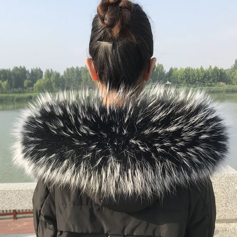 Real Raccoon Fur Collar Luxury Warm Natural Fur Scarf Female Winter Fur Hood Decor for Coat Jackets Genuine Fur Shawls Black