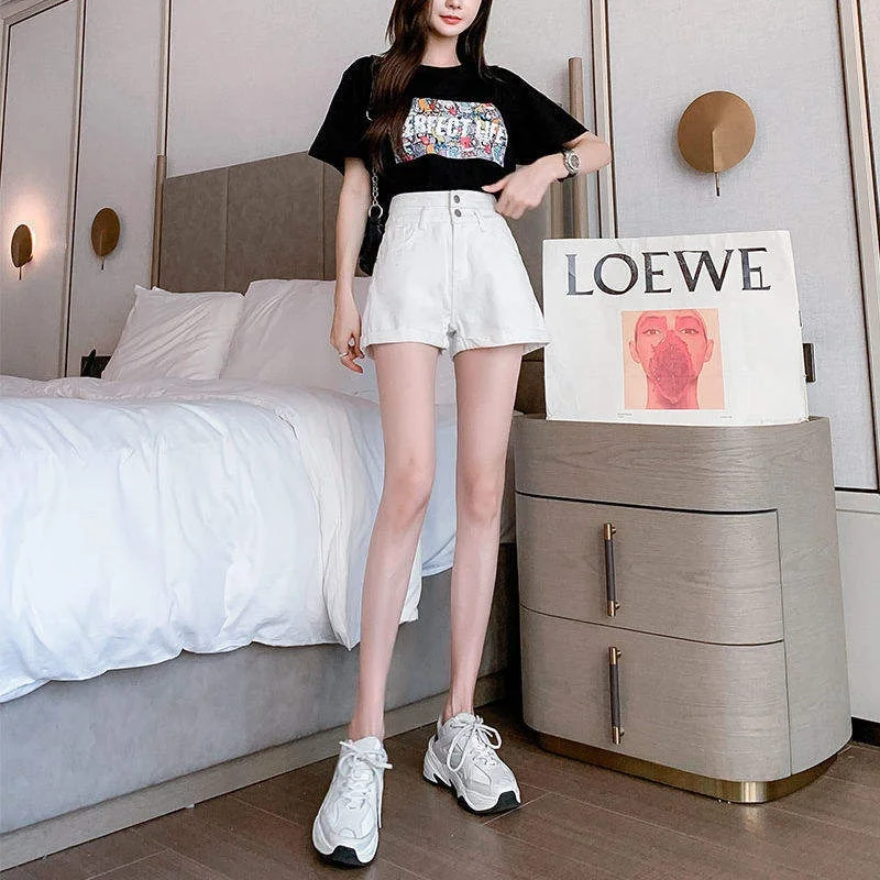 High Waist Wide Leg Short Jeans Women's Summer Thin INS Style Hot Pants Double Buckle Cuffed Loose Fit Trendy Hot Pants