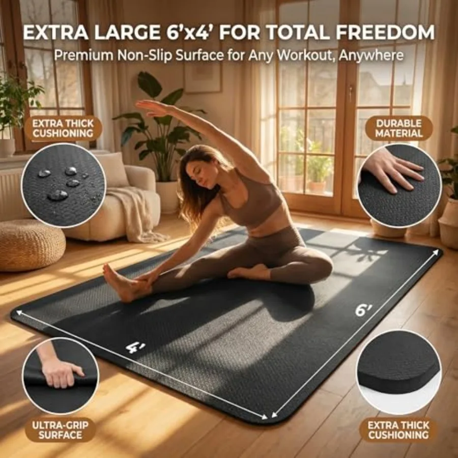 Large Yoga Mat 6'x 4' for home yoga and pilates1/4 1/3 thick, non-slip TPE, extra wide, black