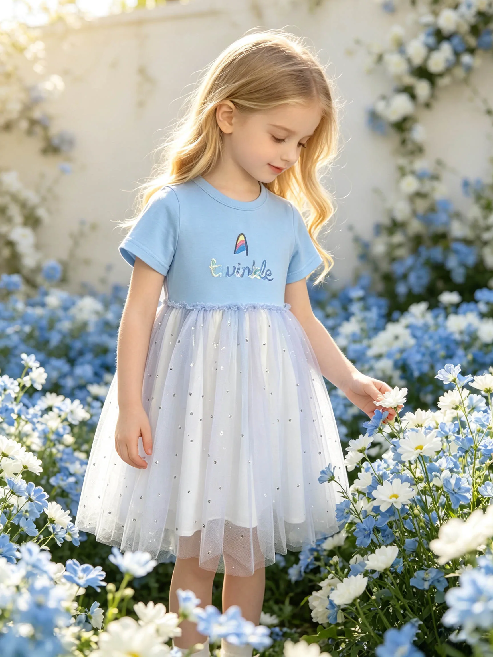 Fresh Sky-Blue Girls' Summer Outfit, Gradient Starlight Tulle A-Line Princess Tutu Dress