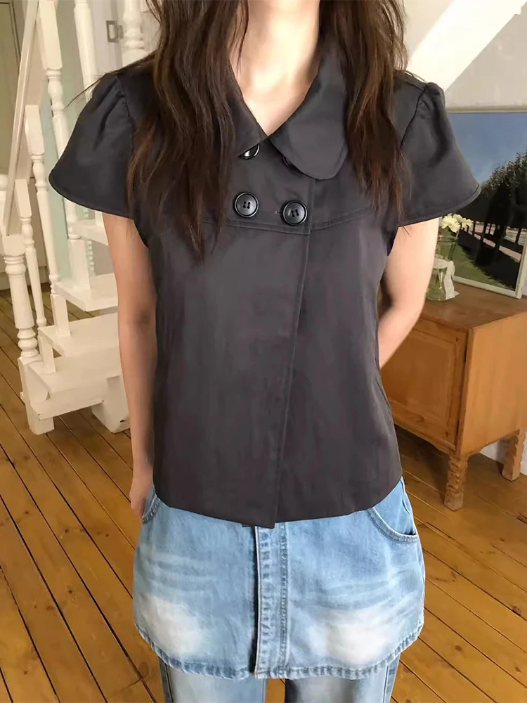 

Clothland женская элегантная блузка с коротким рукавом двубортная белая черная рубашка женская милая куртка топы DA617