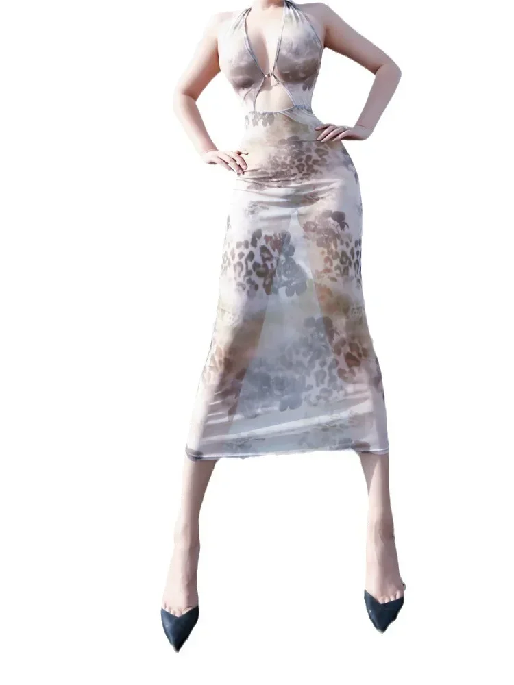Tie-Dyeตาข่ายลูกไม้Sheerชุดบางโปร่งใสVคอร้อนเซ็กซี่พิมพ์ตาข่ายบุคลิกภาพชุดยาวElegantผู้หญิง