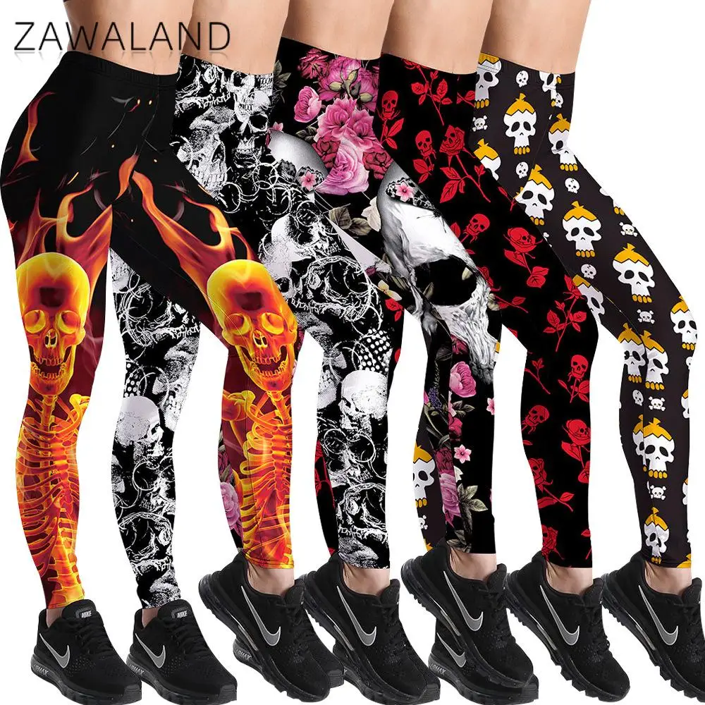 Zawaland Fashion Skull Lady Leggings Halloween 3D Printed Trousers Adult Carnival Cosplay Party Sport Workout Fitness Pants