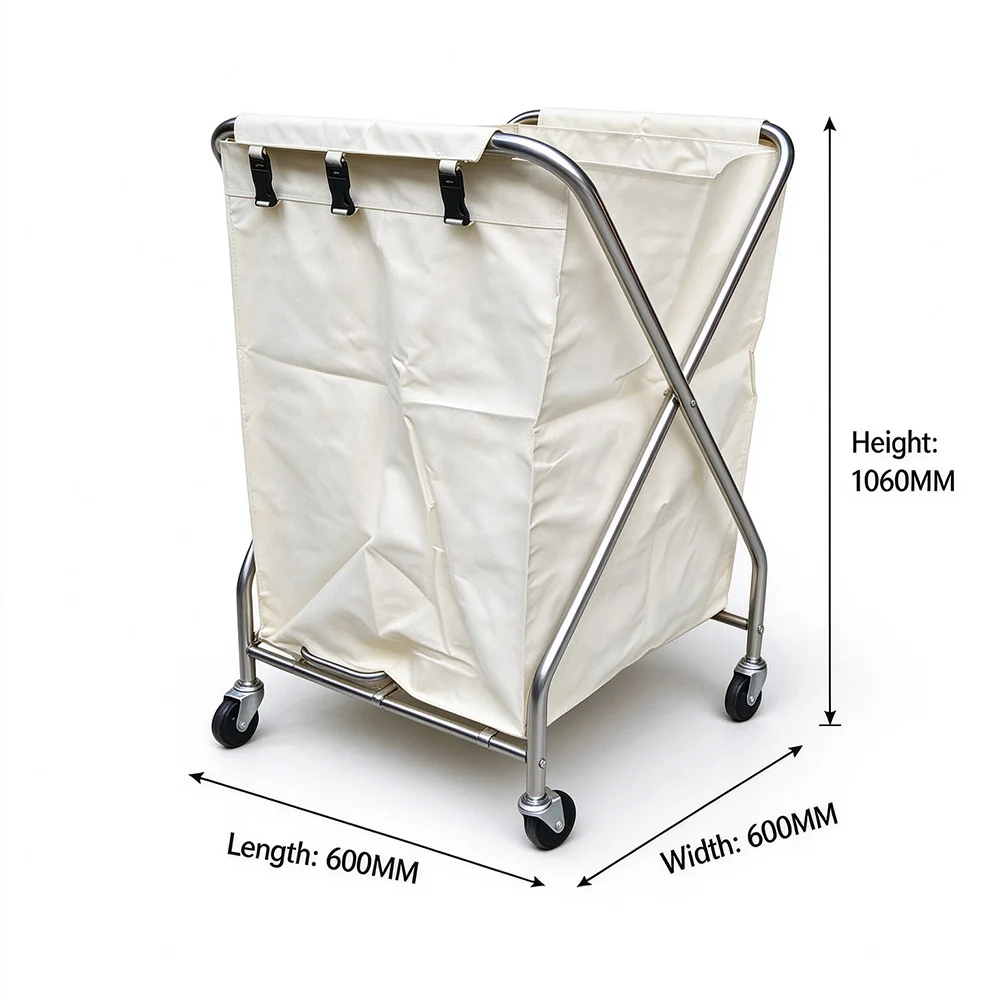 Foldable X-Frame Stainless Steel Laundry Housekeeping Trolley Heavy Duty Trolley with Removable Canvas Bag for Hotels, Salons