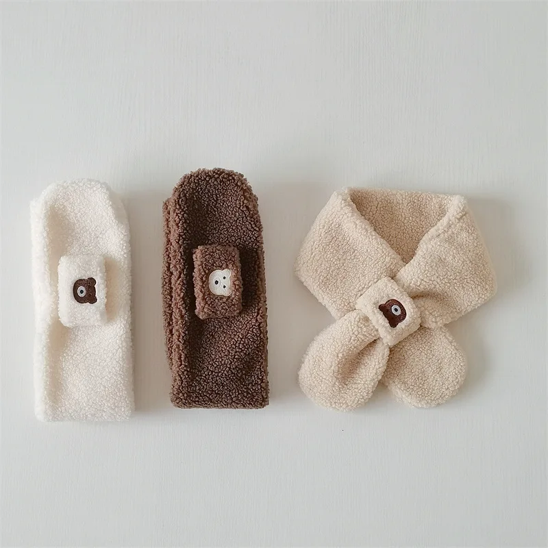 Cute Bear Plush Scarf Cartoon Lamb Fleece Baby Neckerchief Thicken Warm Kids Cross Scarves 2-5Year Boys Girls Winter Neck Collar