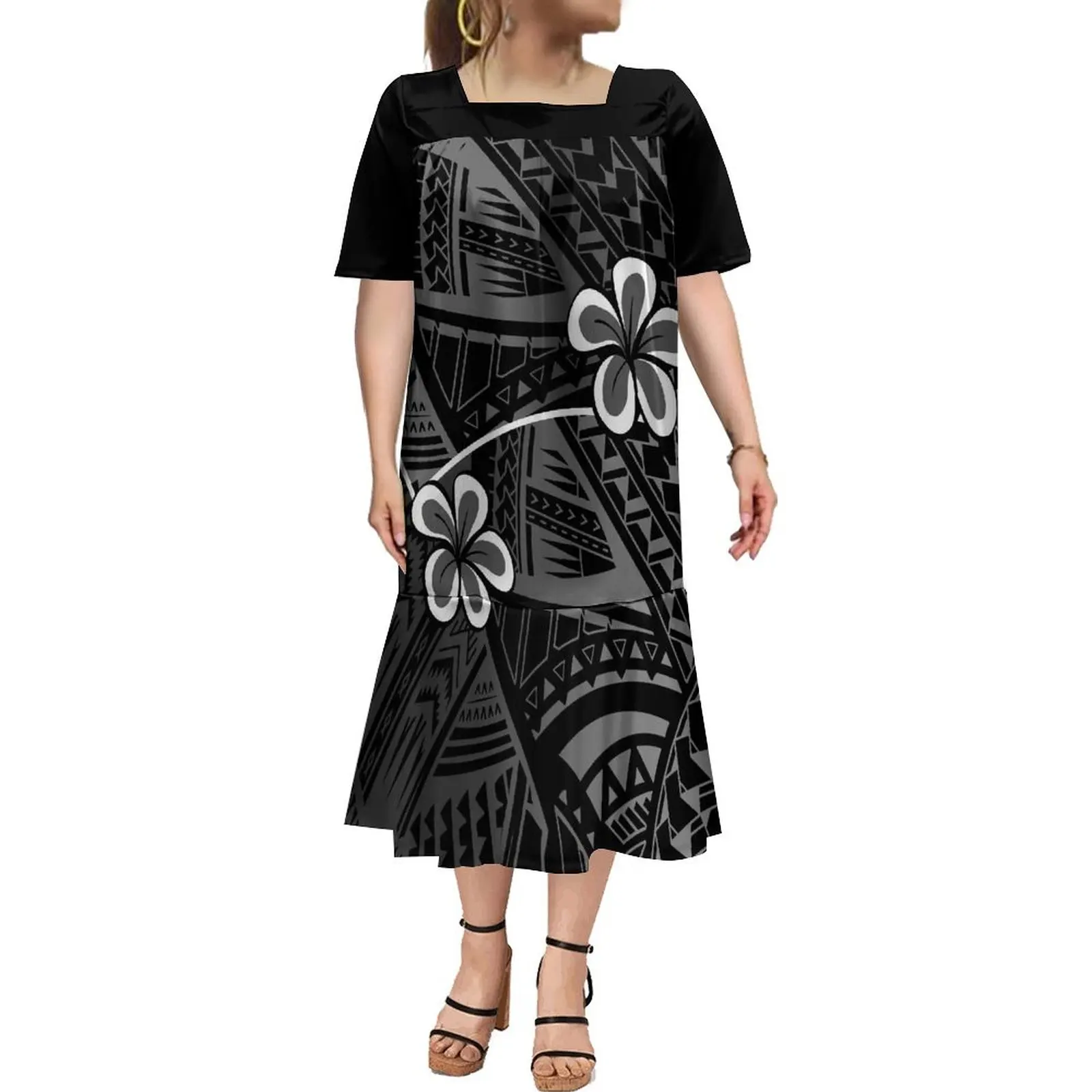 

New Mumu Dress Polynesian Islands Custom Patterned Samoan Women'S Square Collar Muumuu Puffed Sleeve Maxi Dress