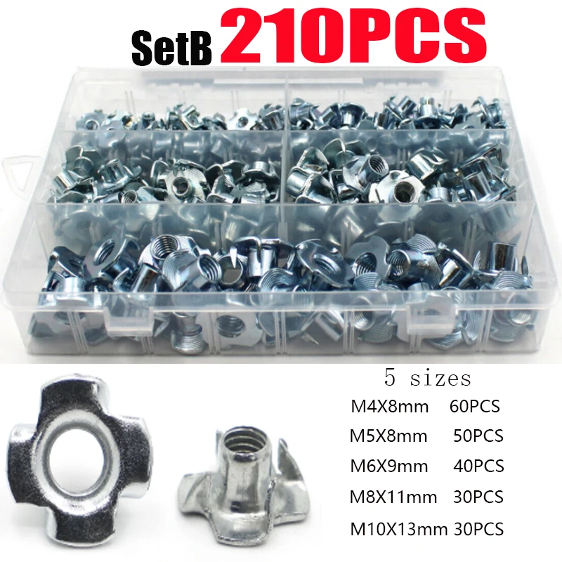 

100/210Pcs Galvanized Four-Claw Nuts, Carbon Steel Four-Point Impact Nuts, Suitable For Wooden Furniture Maintenance M4-M10