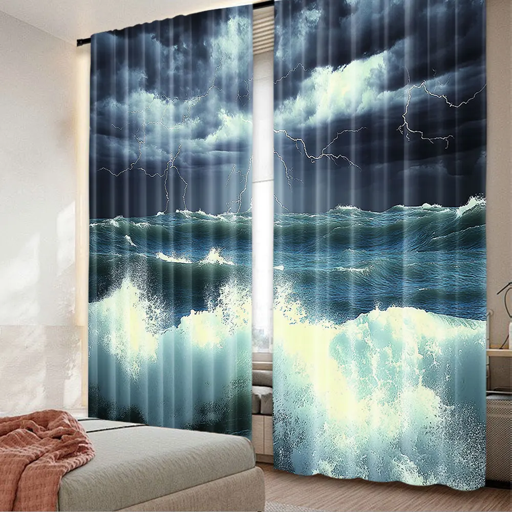 2Pcs Wave Curtain Thunderstorm And Lightning On Beach Cloudy Rainy Sky Powerful Tide Suitable For Bedroom Bathroom Living Room