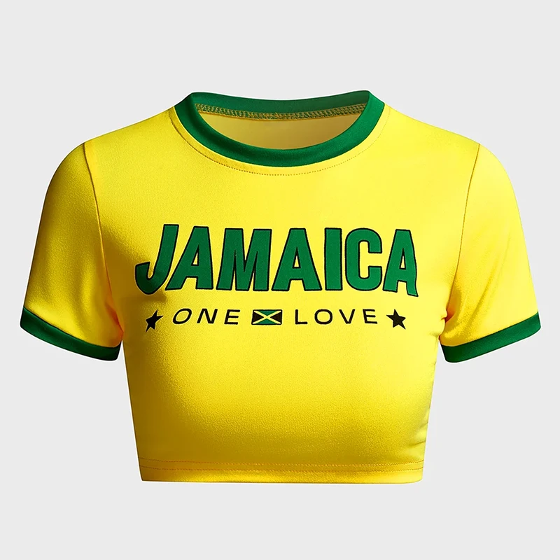 Jamaica Pattern High Street Short Sleeve T-shirt Women Corset 2024 Summer High Quality Fashion Baby Tees Vintage 90s Y2k Clothes