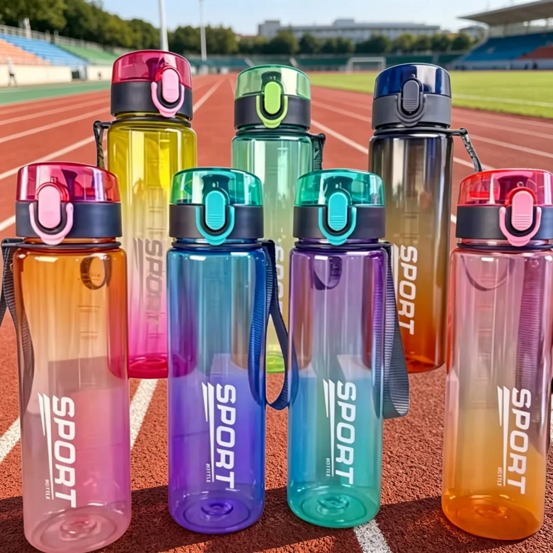 Botella de agua deportiva con gradiente de 560 ml con correa fácil de transportar, material de PC de alta calidad para senderismo, a prueba de fugas, sin BPA, para deportes al aire libre