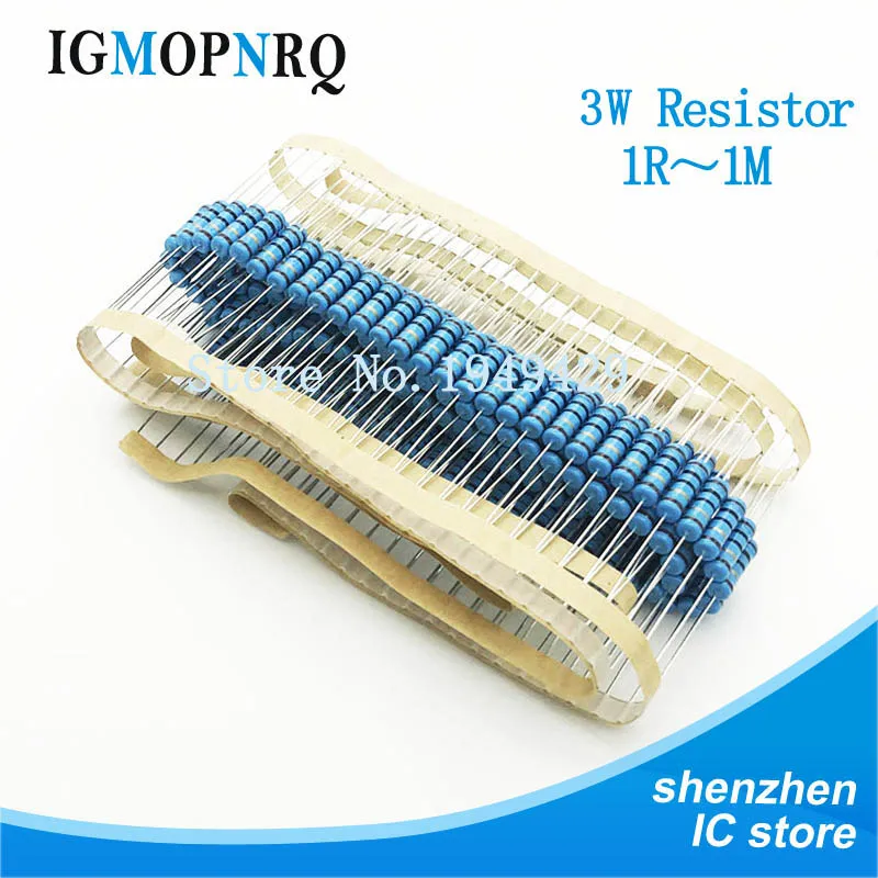 100pcs 3W Metal film resistor 1% 1R ~ 1M 1R 4.7R 10R 22R 33R 47R 1K 4.7K 10K 100K 1 4.7 10 22 33 47 4K7 ohm