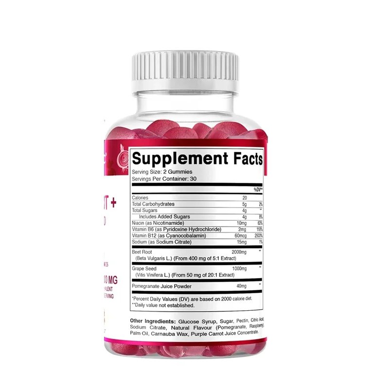 Vitamin beetroot gummies - each serving is equivalent to 3000 milligrams, made from vitamin B6, pomegranate, and niacinamide