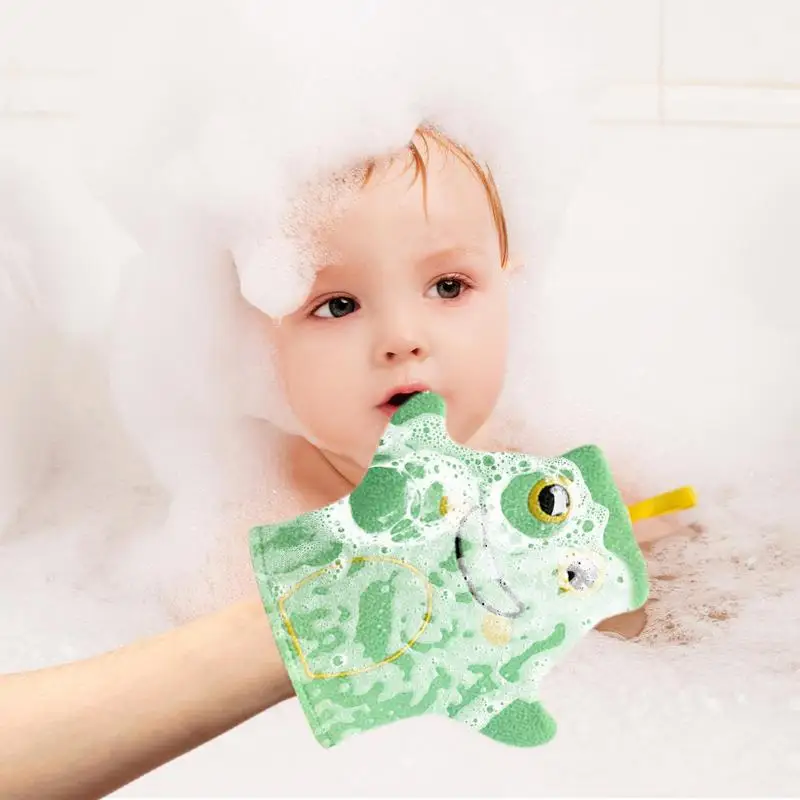 Baby Bath Gloves Soft Cartoon Animal Shape Shower Washcloth Hangable Childrens Bath Towel Body Skin For Bathing Shower Massage