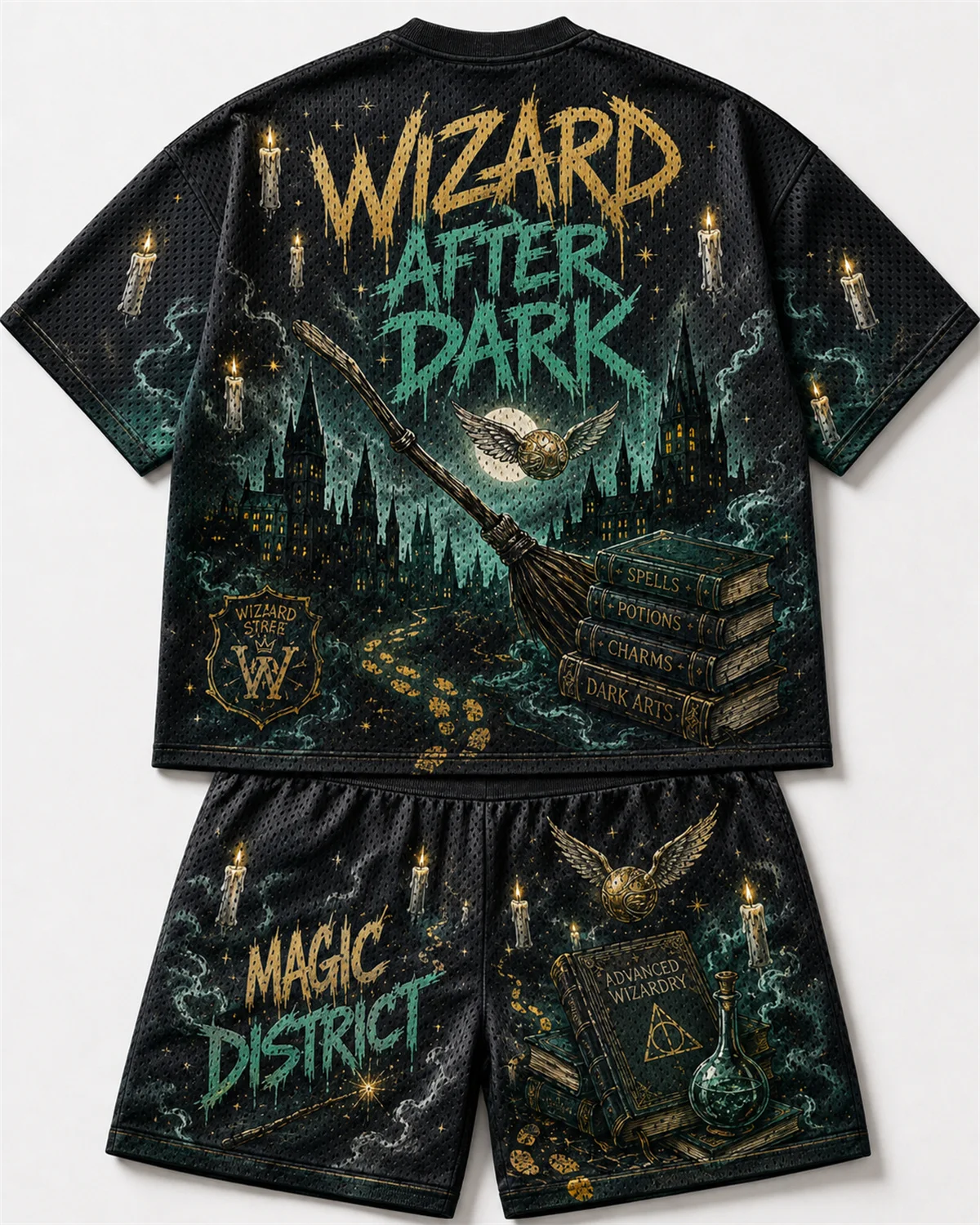 Midnight Spells Wizard Magic Print Mesh T-shirt Shorts Set Men Women Dark Green Hogwarts Themed Quick Dry 2Pcs Streetwear Outfit