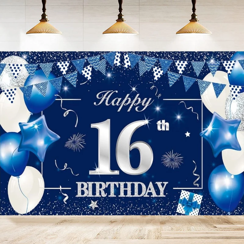 

Photography Backdrop For Boys Happy 16th Years Old Birthday Balloons Background Home Party Backdrop Wall Banner Decor Poster