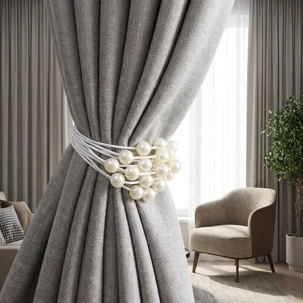 2PCS Light Luxury Pearl Curtain Tieback Polyester Decorative Imitation Pearl Ties Adjustable Curtains Tie Rope Living Room