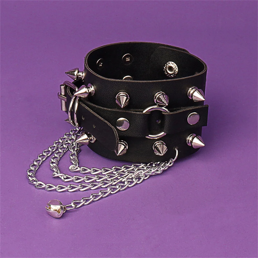 80s Gothic Punk PU Leather Studded Spikes Rivet Bell Wide Cuff Bracelet Bangle Chains Buckle Wristband for Women Jewelry Gift