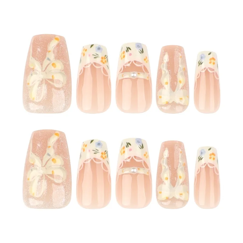 Süße, damenhafte 3D-Schleife, Nagelkunst, künstliche Nägel, kurzes Ballett, tragbare Nagelstücke, Katzenauge, Spitze, kleine Blume, tragbare Nagelstücke