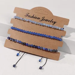 3Pcs/set 4mm Blue Natural Stone Braided Bracelet Aquamarines Agates Sodalite Mini Beads Adjustable Rope Bracelet For Women Men