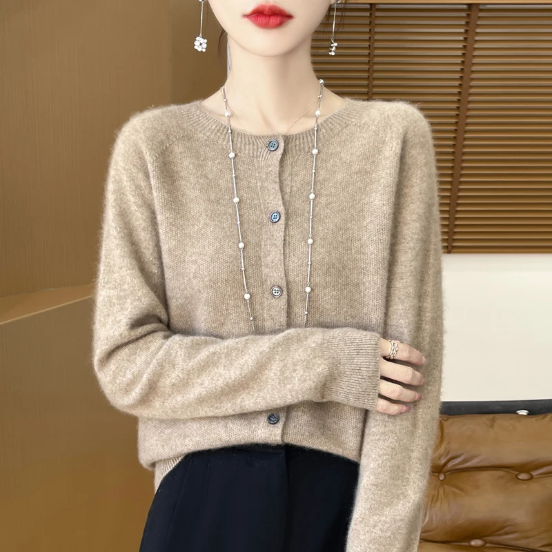 100% cardigan de cuello redondo de lana australiana chaqueta térmica de punto sólido para mujeres suéter sin costura de manga larga casual relajado en otoño e invierno