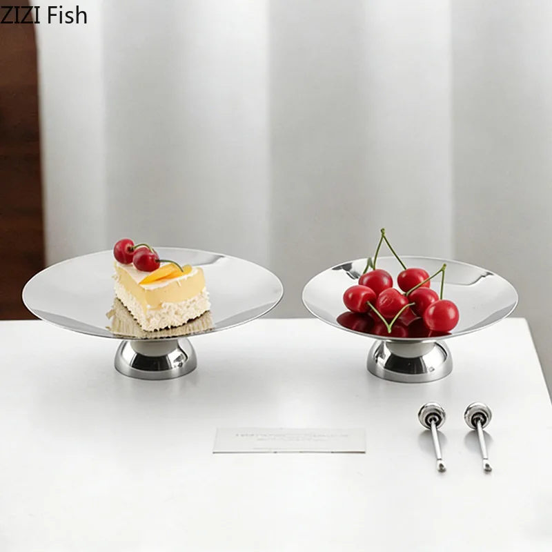 Metal Round High Footed Fruit Plate Ornament Silver Dessert Plate Cake Stand Snack Bowl Dim Sum Dish Display Rack Pastry Plates