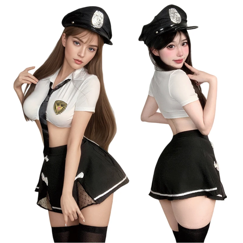 

Policewoman Lady Officer Cosplay Costume Uniform Short Shirt Mesh Skirt Set Sexy Lingerie Night Club Wear Pajamas Women Girls