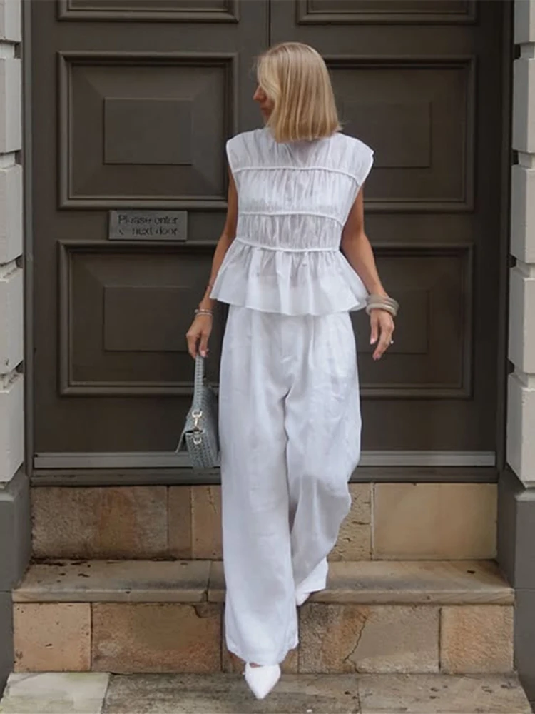 

Fashion Fold Shirts Pants Sets Women Ruffles O-Neck Pleated Tops Solid High Waist Wide Leg Pant 2025 Summer Lady Casual Outfits