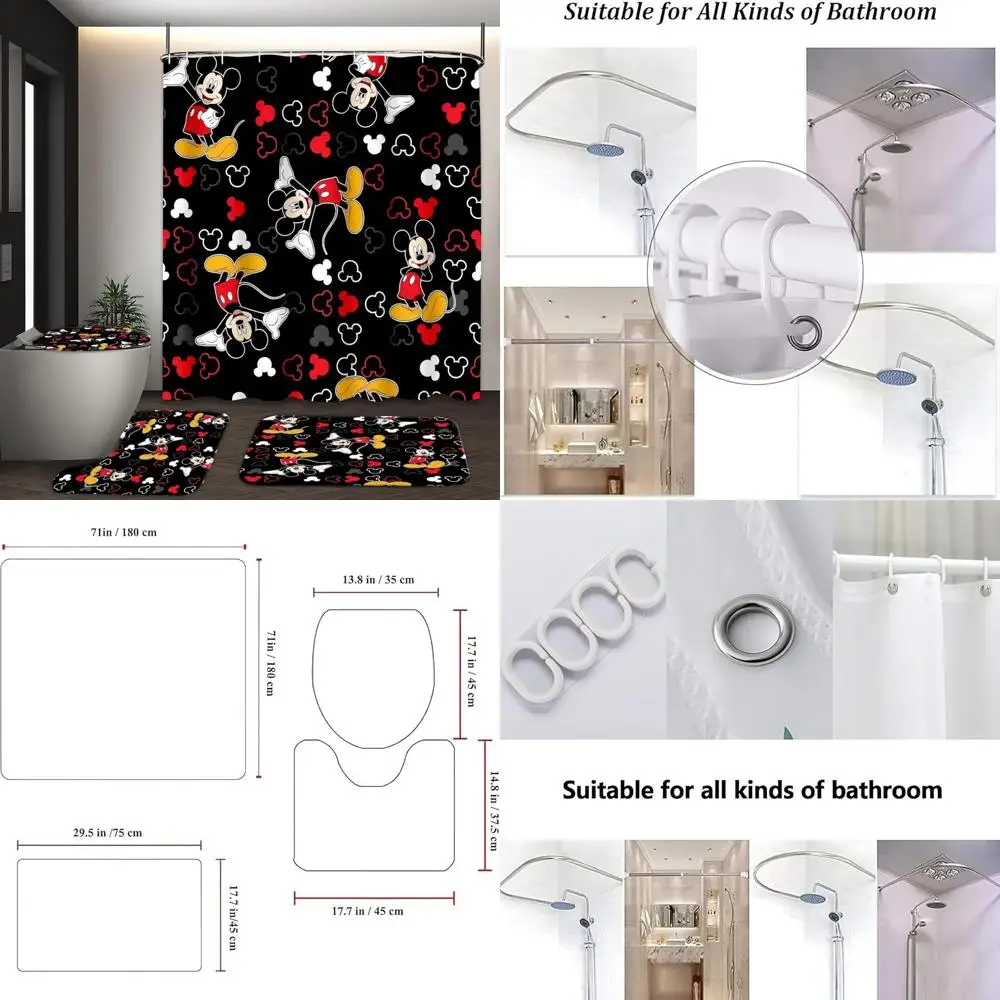 

Набор занавесок для душа из 4 предметов: коврики, крышка, коврик для ванной и крючки в комплекте.