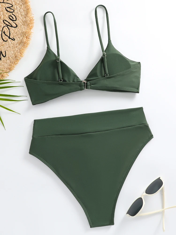 Bikini traje de baño de cintura alta para mujer, traje de baño 2025, nuevo conjunto de Bikinis con tirantes sólidos, traje de baño Sexy con Tanga, traje de baño femenino de dos piezas para playa de verano