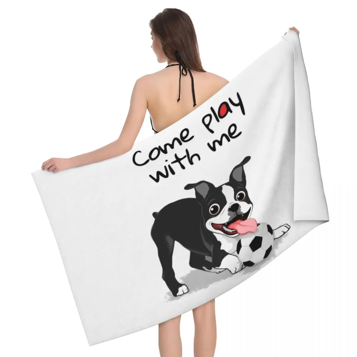 

Custom Boston Terrier Come Play With Me Absorbent Microfiber Bath Beach Towel Quick Dry Cartoon Dog Pattern Towel