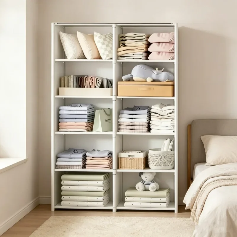 Mehrzweck-Mehrschicht-Organisationsregal, staubdichtes offenes Aufbewahrungsregal, einfache Montage, Wohnmöbel, Schlafzimmer, Kleiderschrank, Zubehör