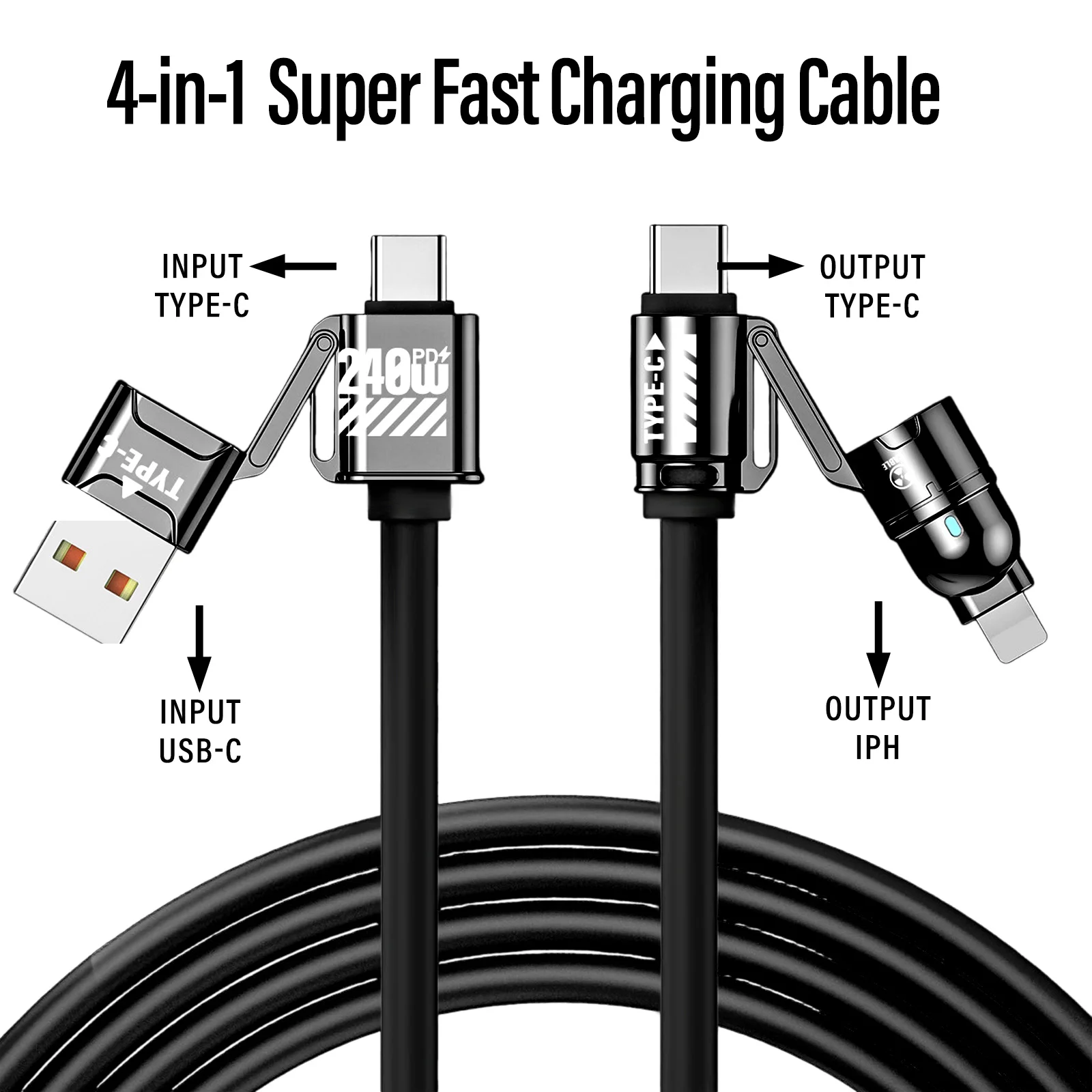 240W Super Fast Charging 4 In 1 Data Cable Dual Type C+Lightning USB Ports Phone Charging Cable For iPhone Samsung Huawei Xiaomi