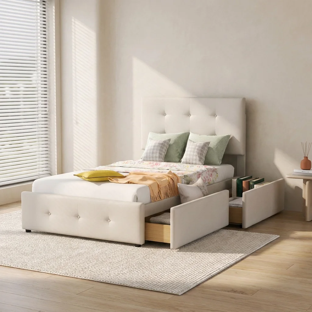 Telaio letto imbottito color beige, 90x200 cm, letto singolo, testiera trapuntata con bottoni, cassetti contenitori con ruote da posizionare sotto il letto, robusto sistema di supporto a doghe, design