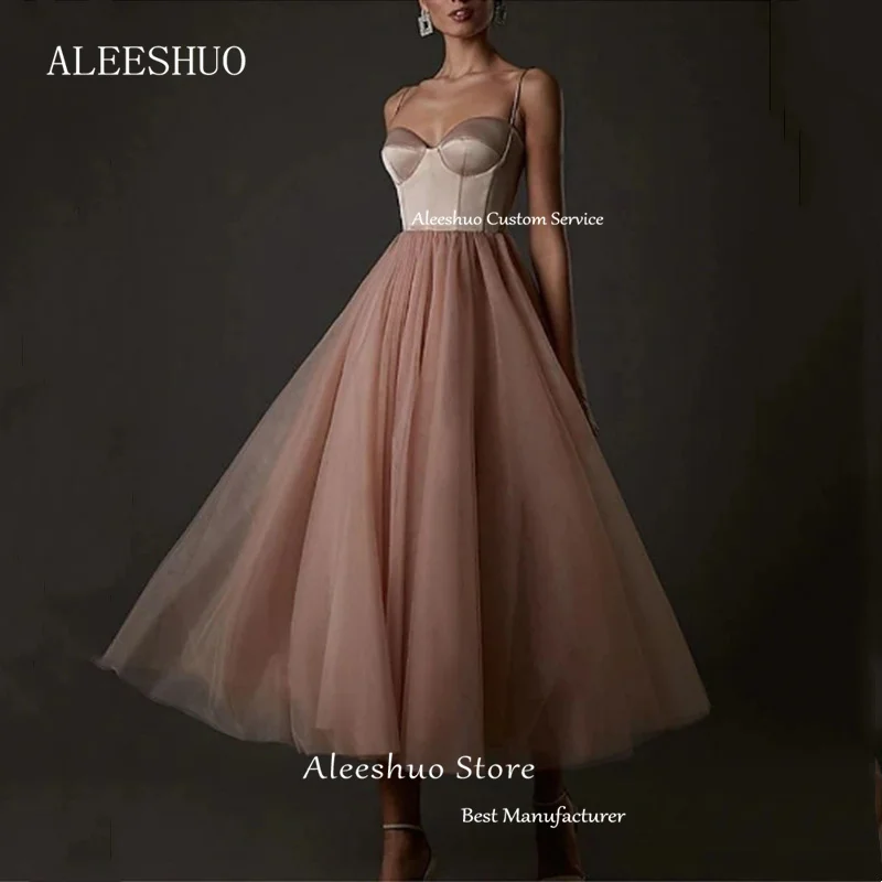 Aleeshuo Modern A-Line Prom Dresses Sweetheart Spaghetti Strap Evening Dress Backless Ankle-Length Pleated Cocktail Party