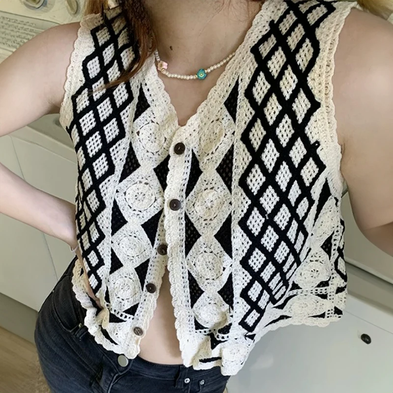 

Argyle Crochet Vest Knit Top Sheer Openwork Button Front Sleeveless Cardigan Women Teen-girl Summer Aztec Boho Vacation Outfit