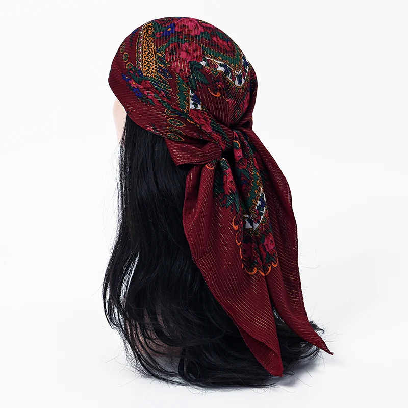 Luxury Russian Cotton Bandana Hijabs Women Square Scarf Spring Crinkle Shawl Floral Print Neckchief Headband Hair Accessories