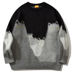 Harajuku Fashion Sweater Men's Streetwear Funny Knitted Cat Embroidery Eye Jumper Winter Hip Hop Loosed Pullover Sweaters Black