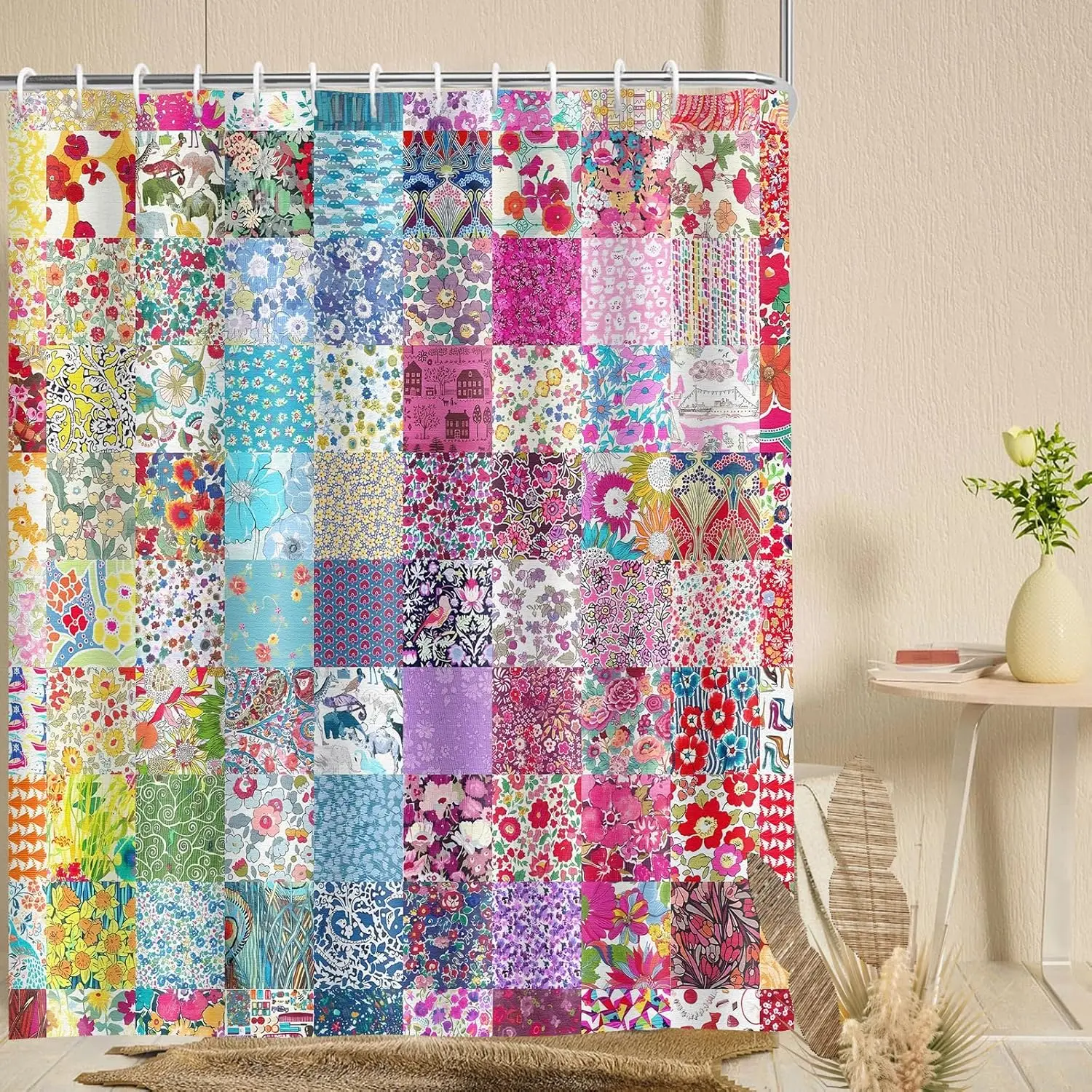 Boho Patchwork Shower Curtain, Spring Blooming Splicing Flowers Pattern Shower Curtains, Home Decor Art Shower Curtain