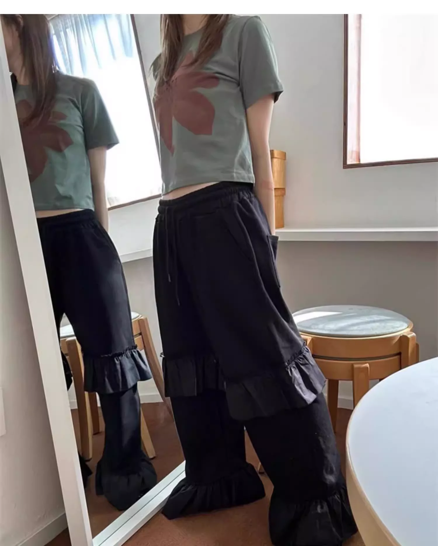 Korean Street Chic Ruffles Personalized Elastic Waist Loose Leisure Pants Versatile Age Reduction Solid Color Straight Trousers