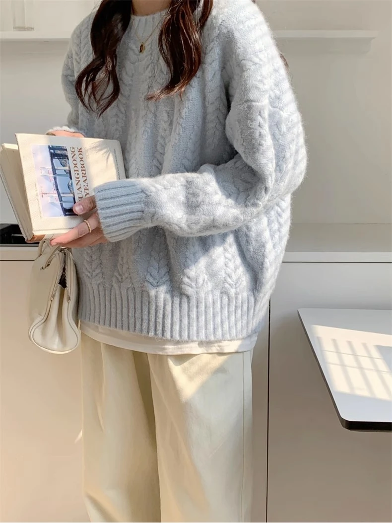 

Thiened Warm Knitted Twisted Sweater Women's Autumn Winter round Ne Long Sve Loose Fit Inner Wear Turtlene Top